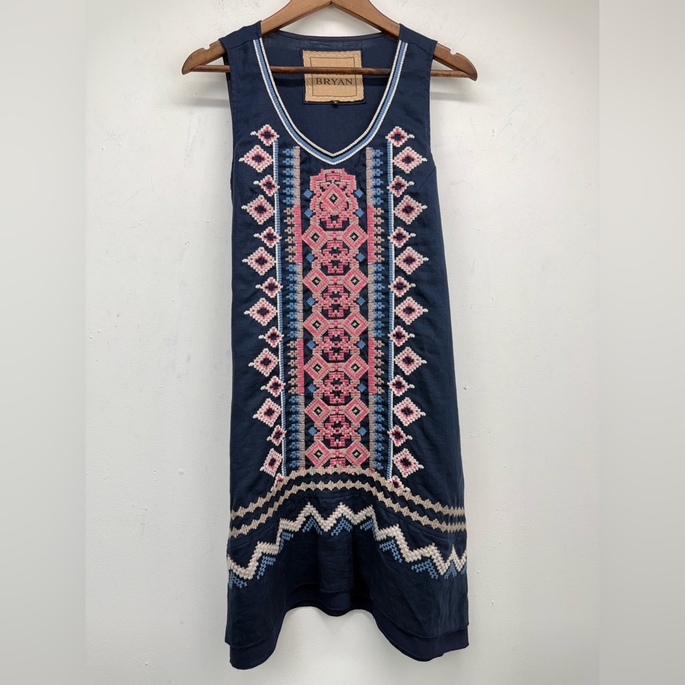 James Bryan Sz Small Women’s Blue Embroidered Linen Boho Aztec Sleeveless Dress